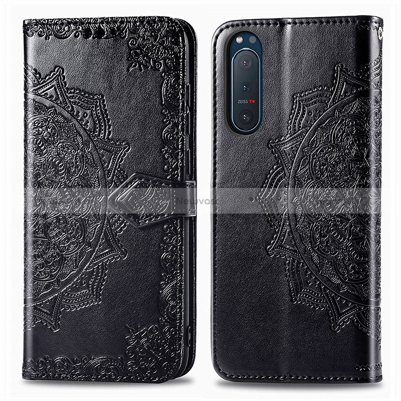 Leather Case Stands Fashionable Pattern Flip Cover Holder for Sony Xperia 5 II Black