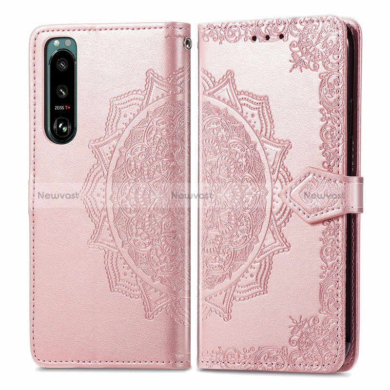Leather Case Stands Fashionable Pattern Flip Cover Holder for Sony Xperia 5 IV Rose Gold