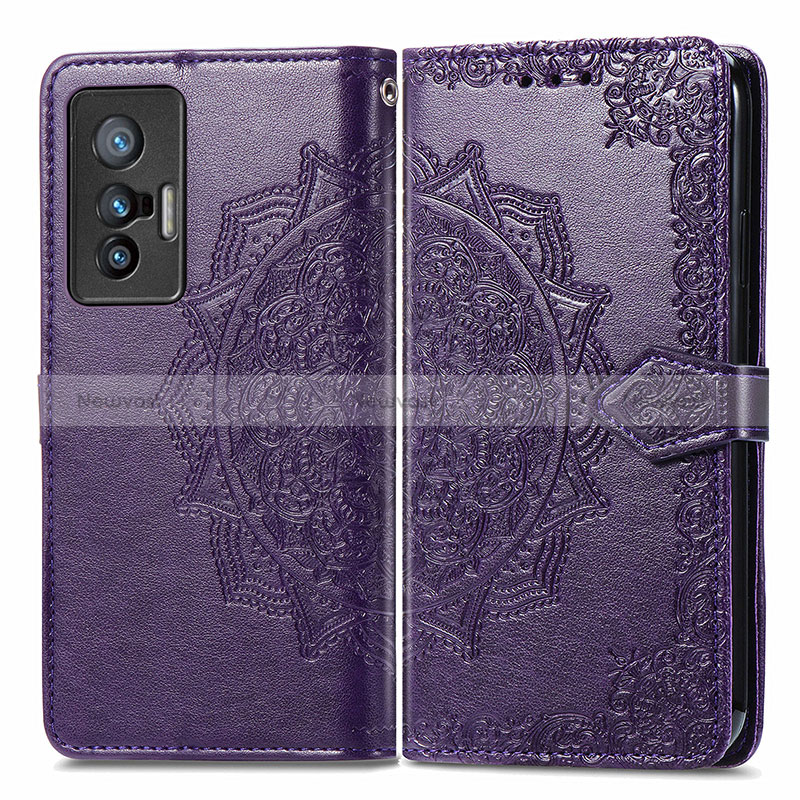 Leather Case Stands Fashionable Pattern Flip Cover Holder for Vivo X70 5G Purple