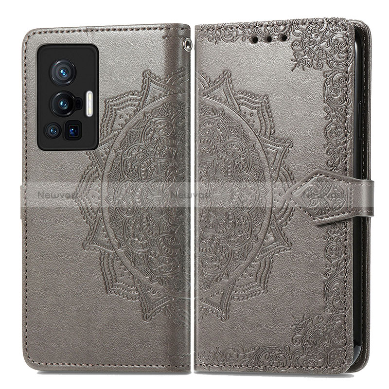 Leather Case Stands Fashionable Pattern Flip Cover Holder for Vivo X70 Pro 5G Gray