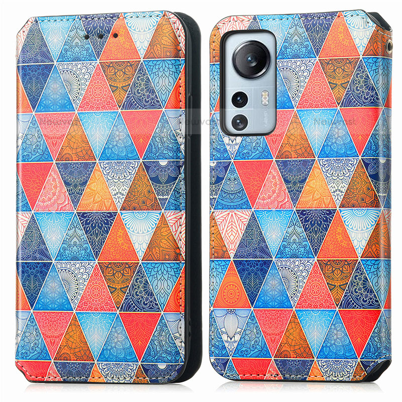 Leather Case Stands Fashionable Pattern Flip Cover Holder for Xiaomi Mi 12 Pro 5G Brown