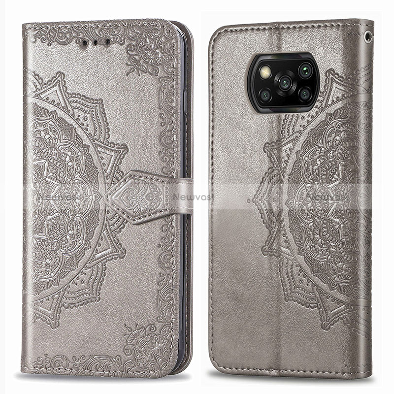 Leather Case Stands Fashionable Pattern Flip Cover Holder for Xiaomi Poco X3 Pro Gray