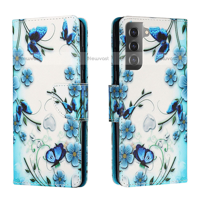 Leather Case Stands Fashionable Pattern Flip Cover Holder H01X for Samsung Galaxy S22 5G Blue