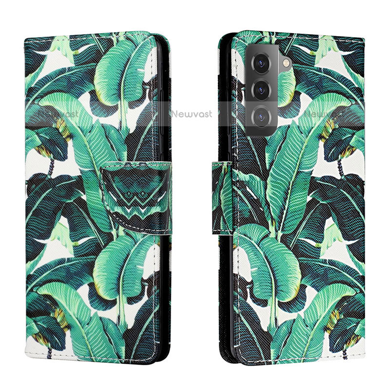 Leather Case Stands Fashionable Pattern Flip Cover Holder H01X for Samsung Galaxy S22 5G Green