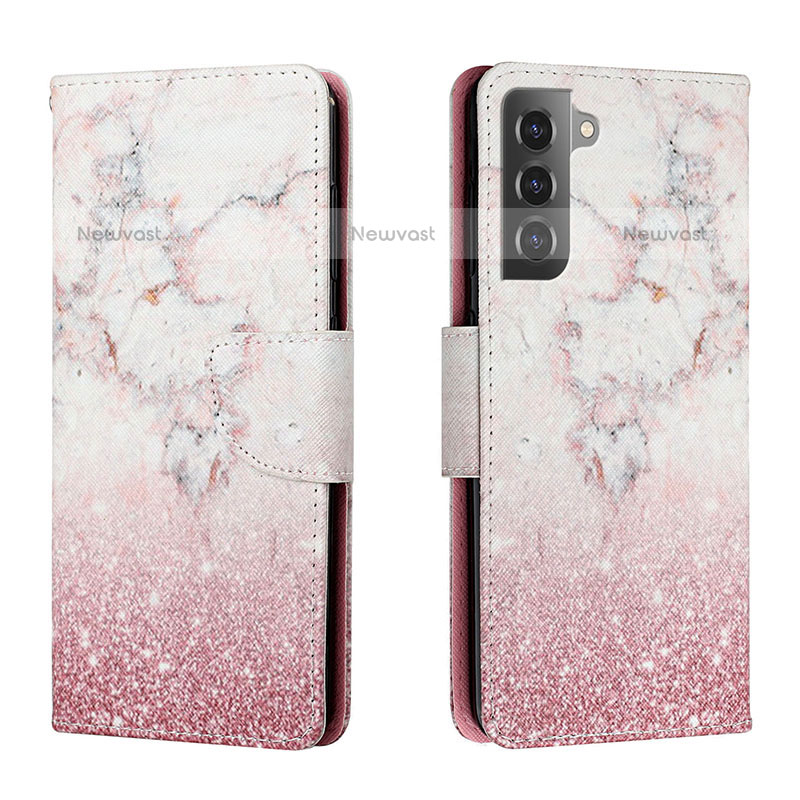 Leather Case Stands Fashionable Pattern Flip Cover Holder H01X for Samsung Galaxy S22 5G Pink