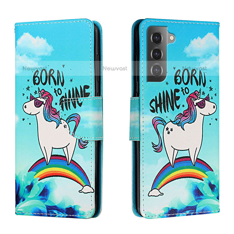 Leather Case Stands Fashionable Pattern Flip Cover Holder H01X for Samsung Galaxy S22 5G Sky Blue