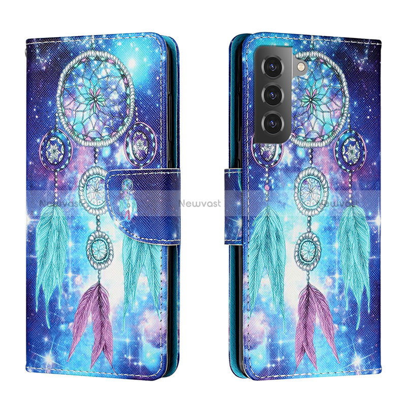Leather Case Stands Fashionable Pattern Flip Cover Holder H02X for Samsung Galaxy S22 Plus 5G Blue