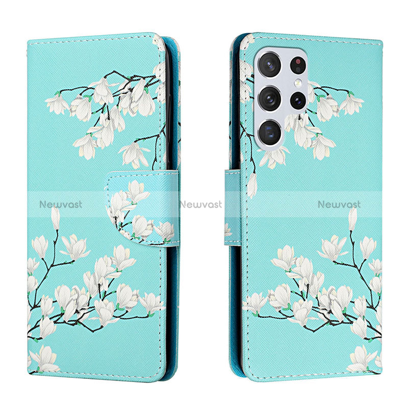 Leather Case Stands Fashionable Pattern Flip Cover Holder H02X for Samsung Galaxy S24 Ultra 5G Cyan