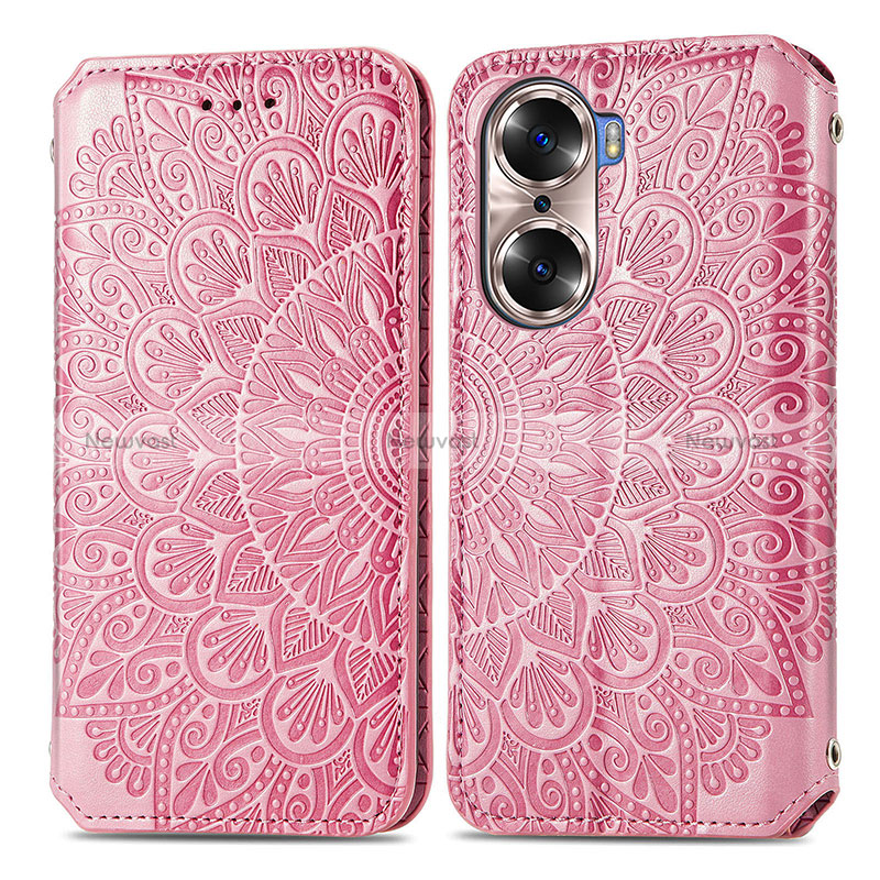 Leather Case Stands Fashionable Pattern Flip Cover Holder S01D for Huawei Honor 60 Pro 5G Rose Gold