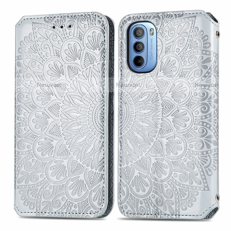 Leather Case Stands Fashionable Pattern Flip Cover Holder S01D for Motorola Moto G31 Silver
