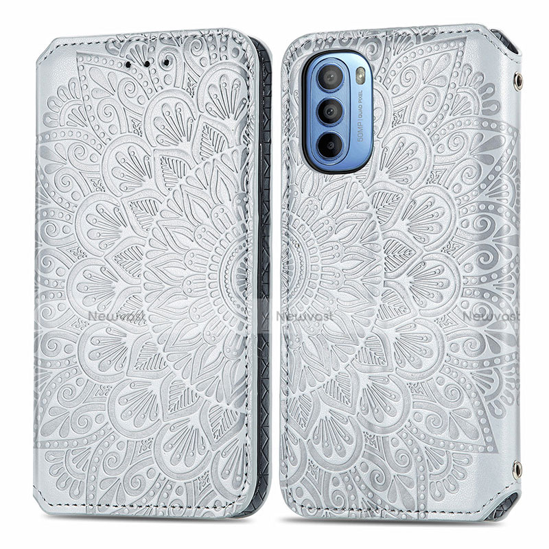 Leather Case Stands Fashionable Pattern Flip Cover Holder S01D for Motorola Moto G41 Silver