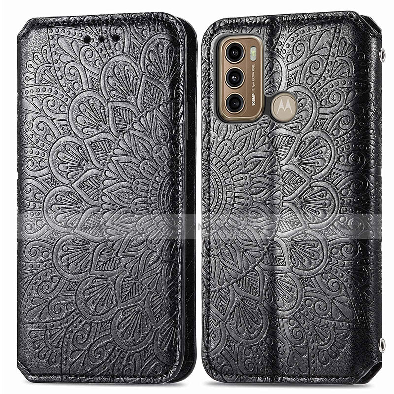 Leather Case Stands Fashionable Pattern Flip Cover Holder S01D for Motorola Moto G60 Black