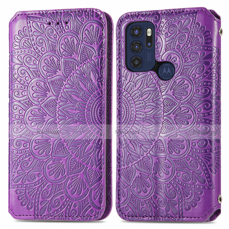 Leather Case Stands Fashionable Pattern Flip Cover Holder S01D for Motorola Moto G60s Purple