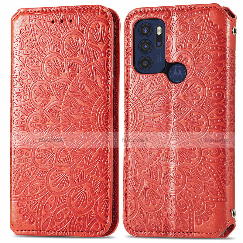 Leather Case Stands Fashionable Pattern Flip Cover Holder S01D for Motorola Moto G60s Red