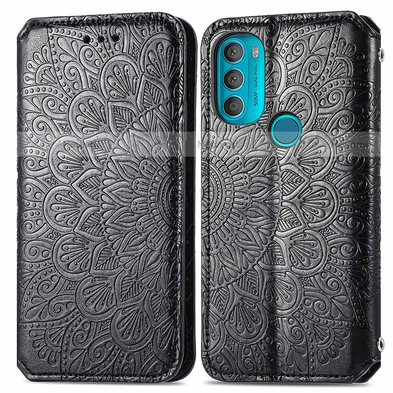 Leather Case Stands Fashionable Pattern Flip Cover Holder S01D for Motorola Moto G71 5G Black