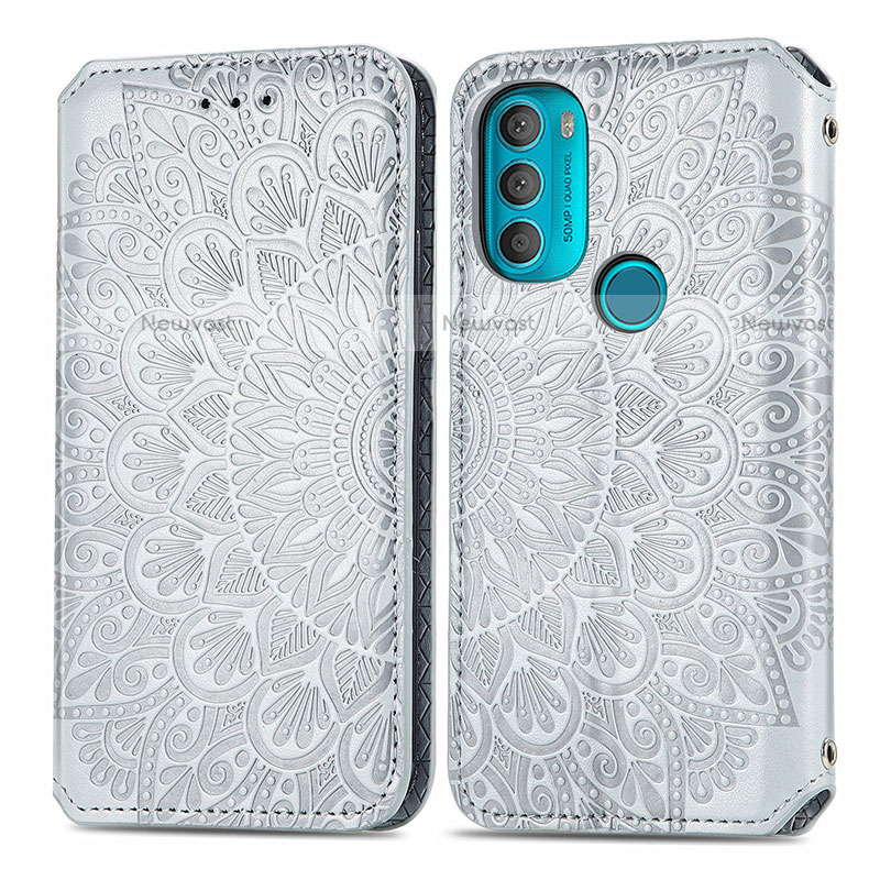 Leather Case Stands Fashionable Pattern Flip Cover Holder S01D for Motorola Moto G71 5G Silver