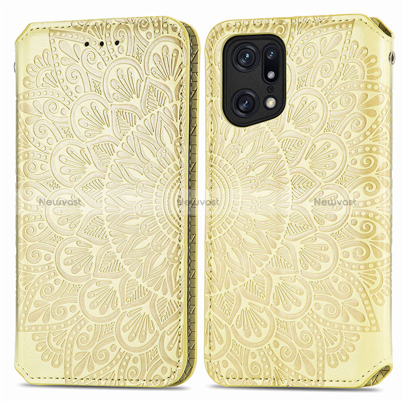 Leather Case Stands Fashionable Pattern Flip Cover Holder S01D for Oppo Find X5 5G Gold
