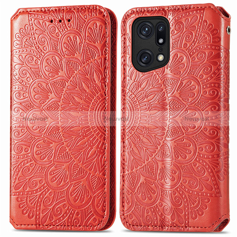 Leather Case Stands Fashionable Pattern Flip Cover Holder S01D for Oppo Find X5 5G Red
