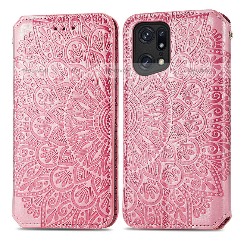 Leather Case Stands Fashionable Pattern Flip Cover Holder S01D for Oppo Find X5 Pro 5G Rose Gold