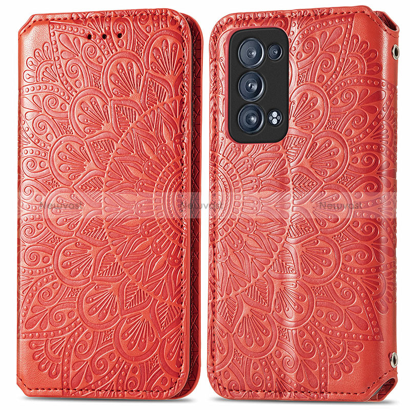 Leather Case Stands Fashionable Pattern Flip Cover Holder S01D for Oppo Reno6 Pro 5G Red