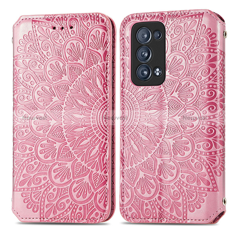 Leather Case Stands Fashionable Pattern Flip Cover Holder S01D for Oppo Reno6 Pro+ Plus 5G Rose Gold