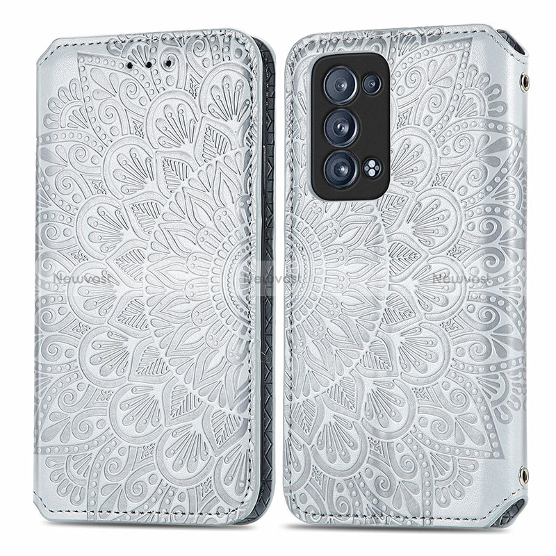 Leather Case Stands Fashionable Pattern Flip Cover Holder S01D for Oppo Reno6 Pro+ Plus 5G Silver