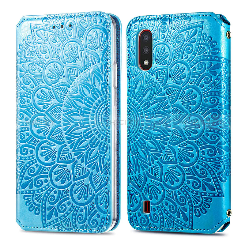 Leather Case Stands Fashionable Pattern Flip Cover Holder S01D for Samsung Galaxy A01 SM-A015 Blue