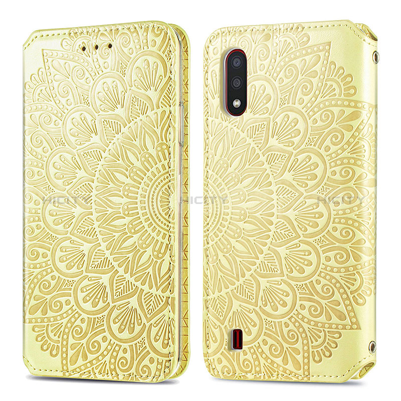 Leather Case Stands Fashionable Pattern Flip Cover Holder S01D for Samsung Galaxy A01 SM-A015 Gold