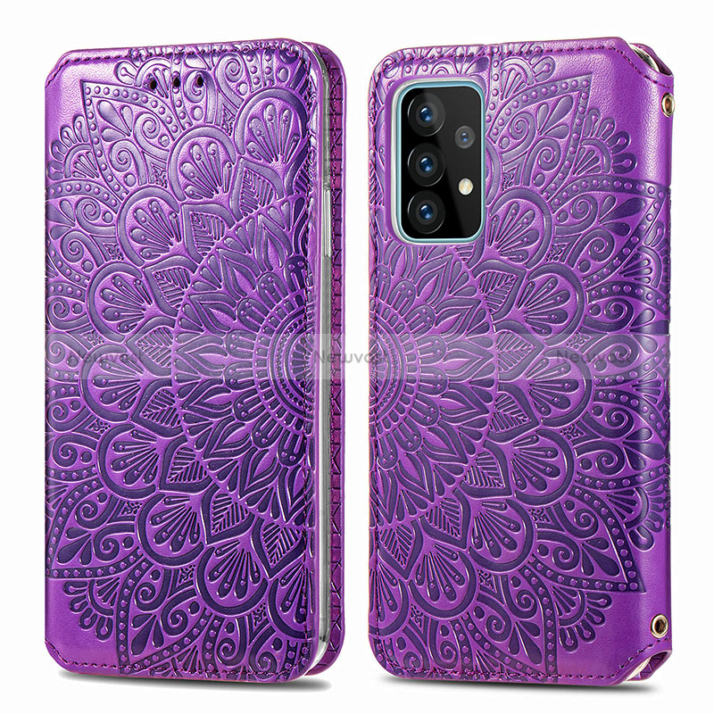 Leather Case Stands Fashionable Pattern Flip Cover Holder S01D for Samsung Galaxy A52 5G Purple