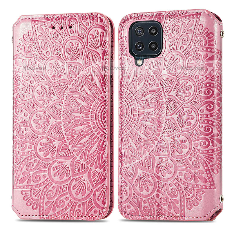 Leather Case Stands Fashionable Pattern Flip Cover Holder S01D for Samsung Galaxy M32 4G Rose Gold