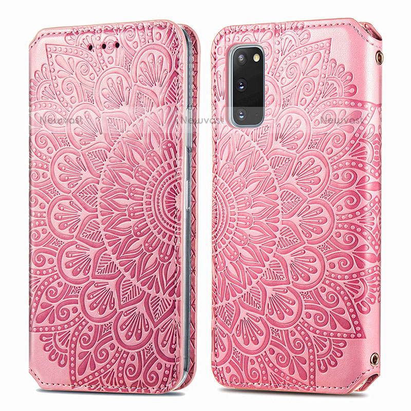 Leather Case Stands Fashionable Pattern Flip Cover Holder S01D for Samsung Galaxy S20 5G Rose Gold