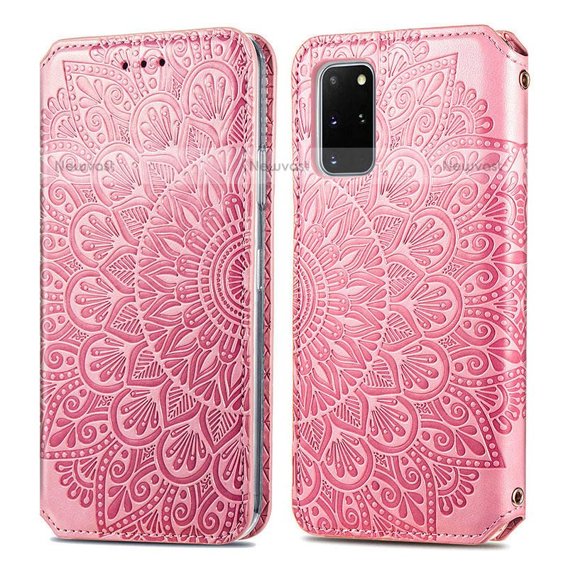 Leather Case Stands Fashionable Pattern Flip Cover Holder S01D for Samsung Galaxy S20 Plus Rose Gold