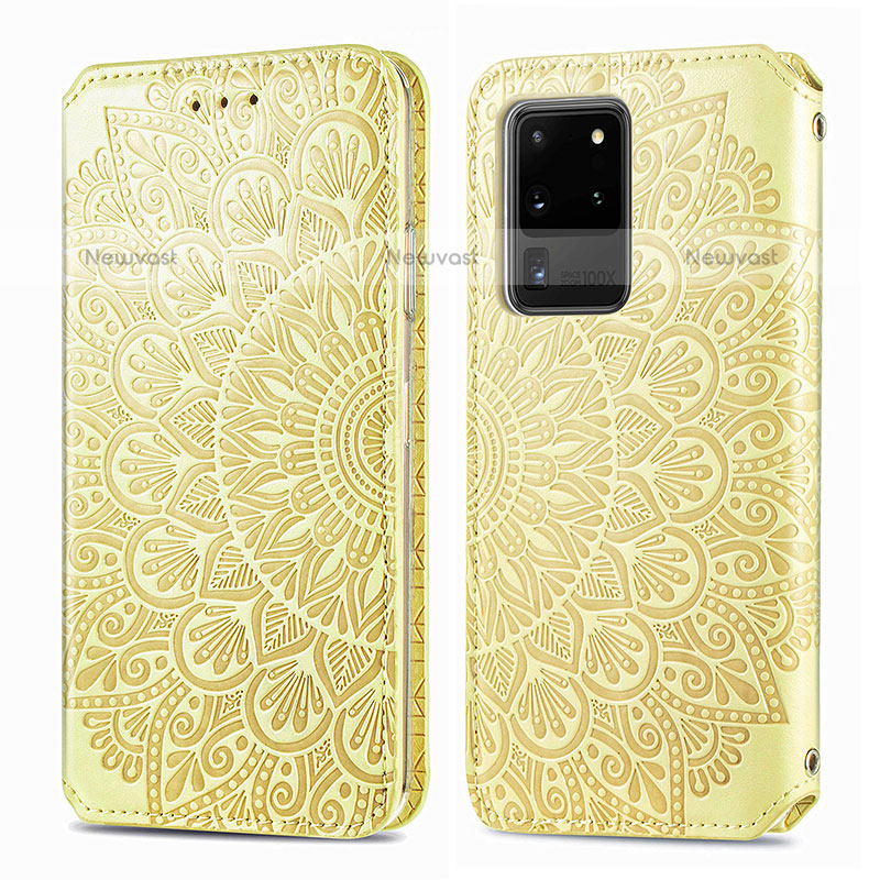Leather Case Stands Fashionable Pattern Flip Cover Holder S01D for Samsung Galaxy S20 Ultra 5G Gold