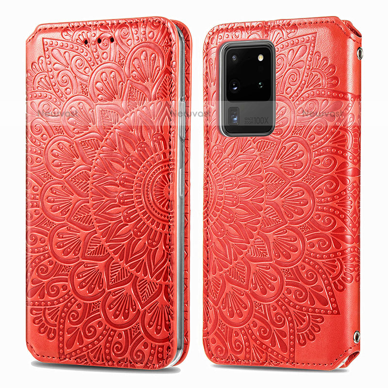 Leather Case Stands Fashionable Pattern Flip Cover Holder S01D for Samsung Galaxy S20 Ultra 5G Red