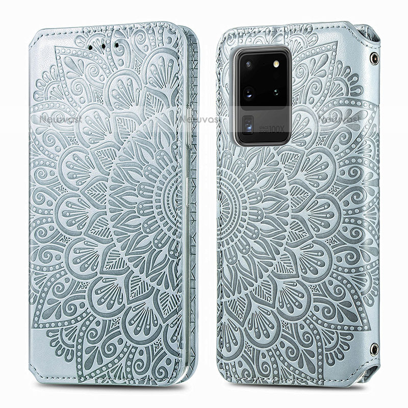 Leather Case Stands Fashionable Pattern Flip Cover Holder S01D for Samsung Galaxy S20 Ultra Silver