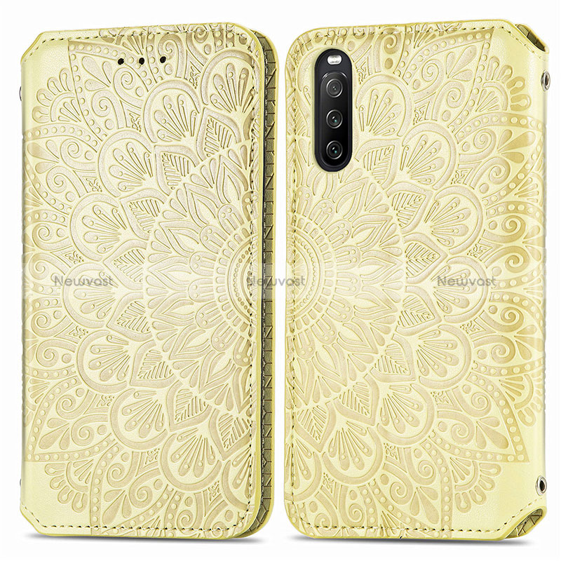 Leather Case Stands Fashionable Pattern Flip Cover Holder S01D for Sony Xperia 10 III Gold