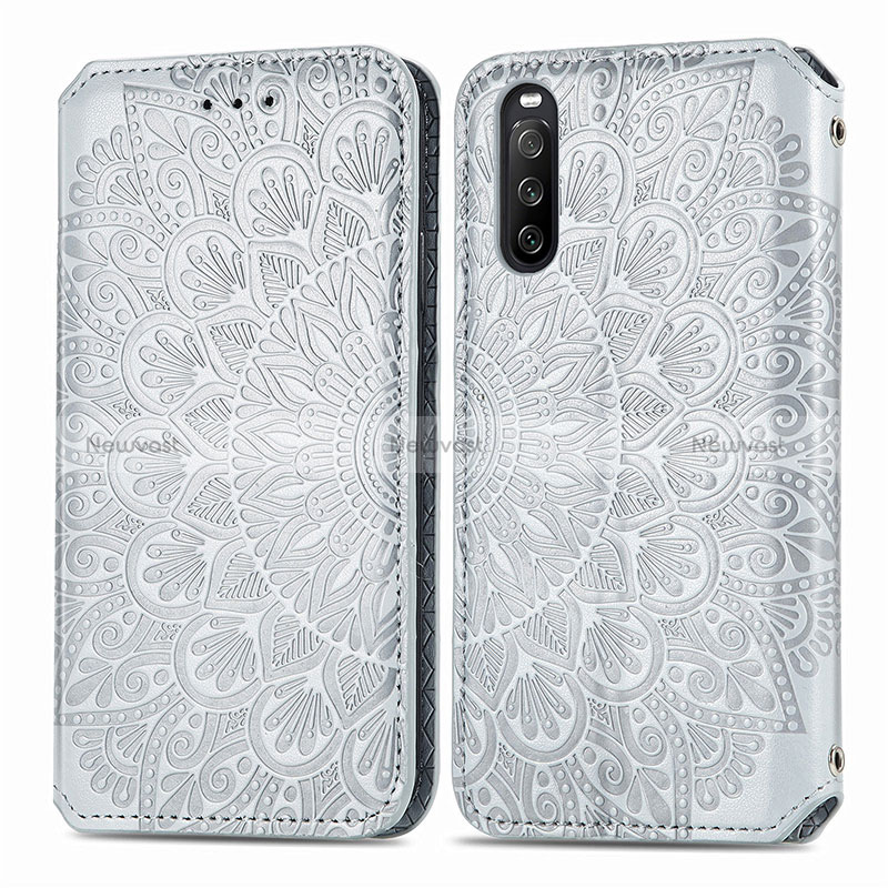 Leather Case Stands Fashionable Pattern Flip Cover Holder S01D for Sony Xperia 10 III Silver