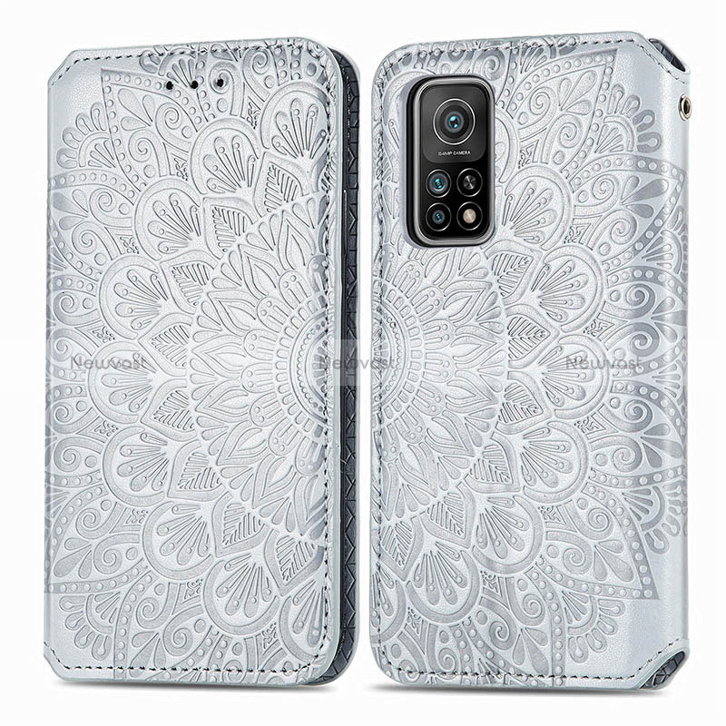 Leather Case Stands Fashionable Pattern Flip Cover Holder S01D for Xiaomi Mi 10T Pro 5G Silver
