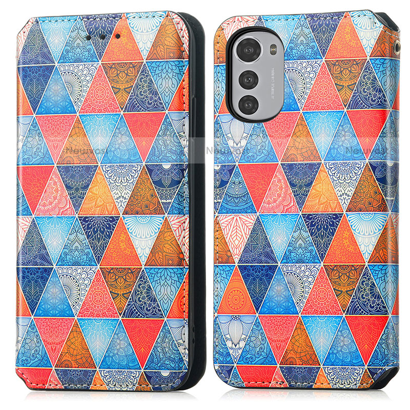 Leather Case Stands Fashionable Pattern Flip Cover Holder S02D for Motorola Moto E32s Brown