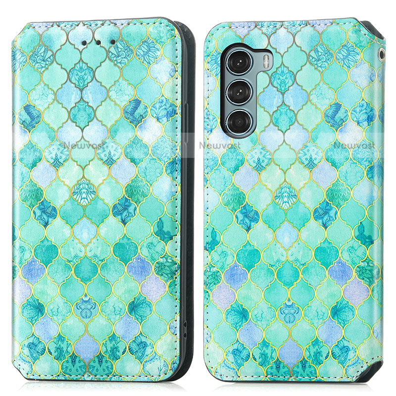 Leather Case Stands Fashionable Pattern Flip Cover Holder S02D for Motorola Moto G200 5G Green