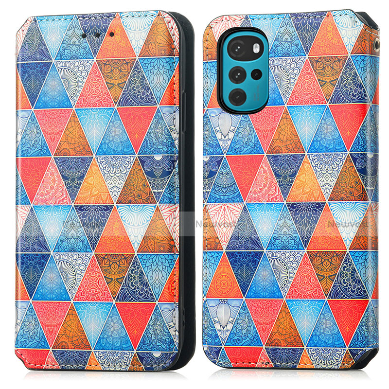 Leather Case Stands Fashionable Pattern Flip Cover Holder S02D for Motorola Moto G22 Brown