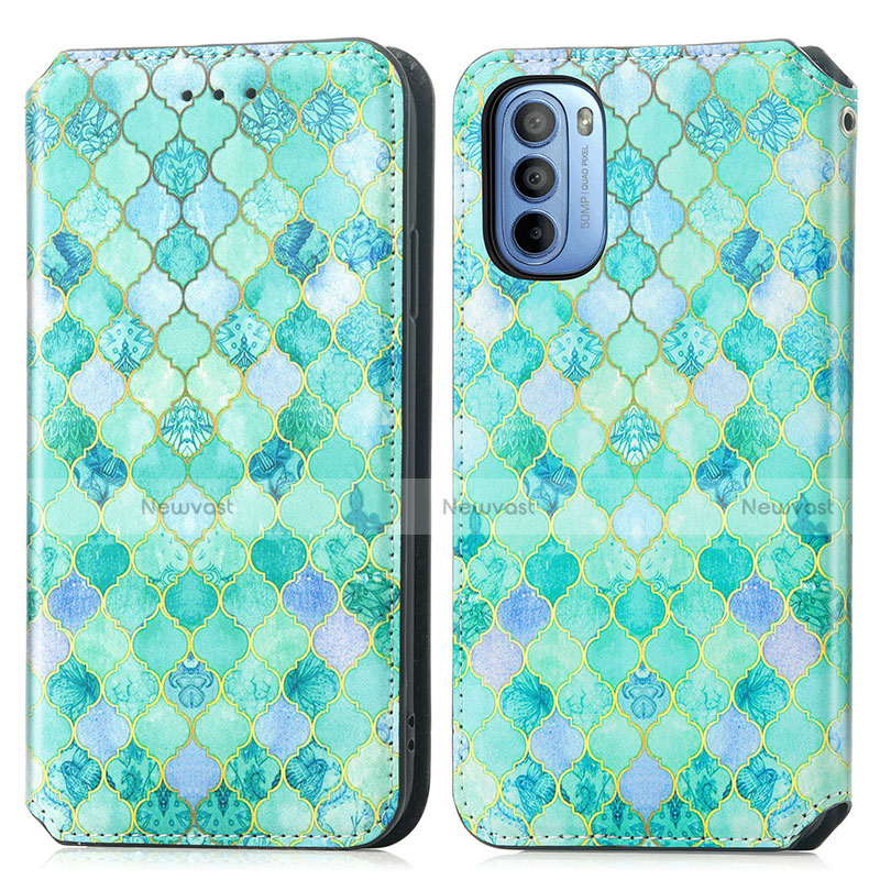 Leather Case Stands Fashionable Pattern Flip Cover Holder S02D for Motorola Moto G41 Green