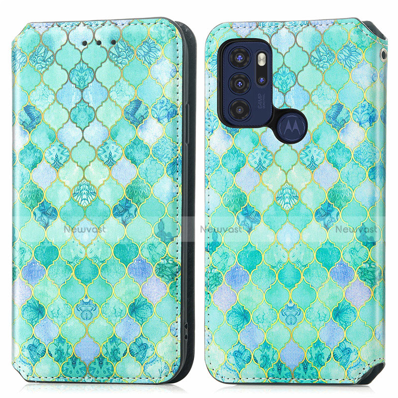 Leather Case Stands Fashionable Pattern Flip Cover Holder S02D for Motorola Moto G60s
