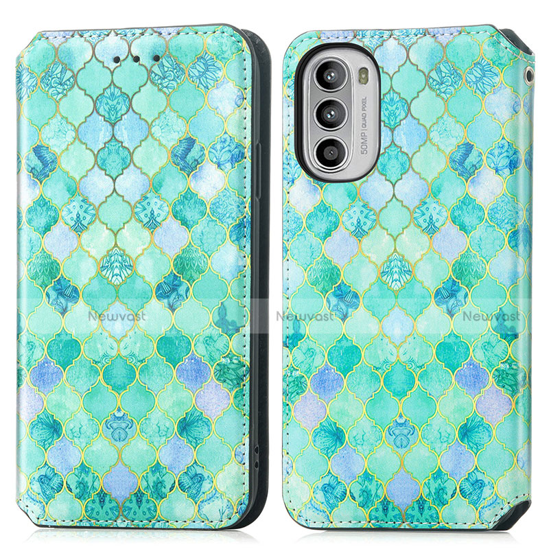 Leather Case Stands Fashionable Pattern Flip Cover Holder S02D for Motorola Moto G71s 5G Green