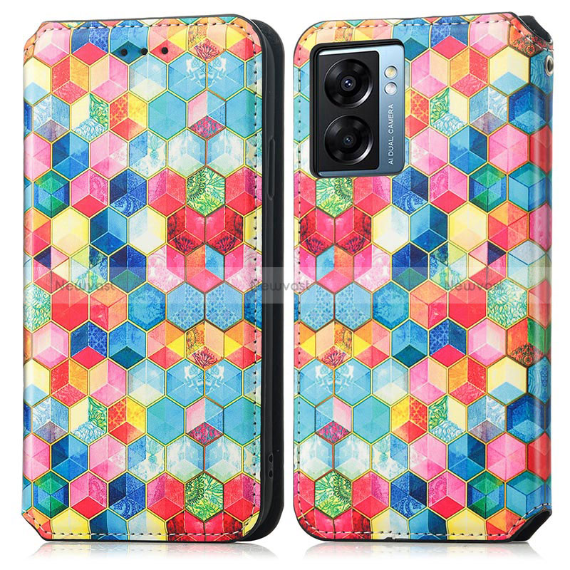 Leather Case Stands Fashionable Pattern Flip Cover Holder S02D for Oppo A56S 5G Mixed