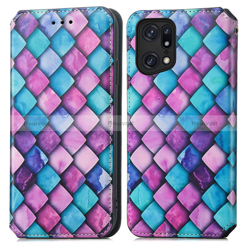 Leather Case Stands Fashionable Pattern Flip Cover Holder S02D for Oppo Find X5 5G Purple