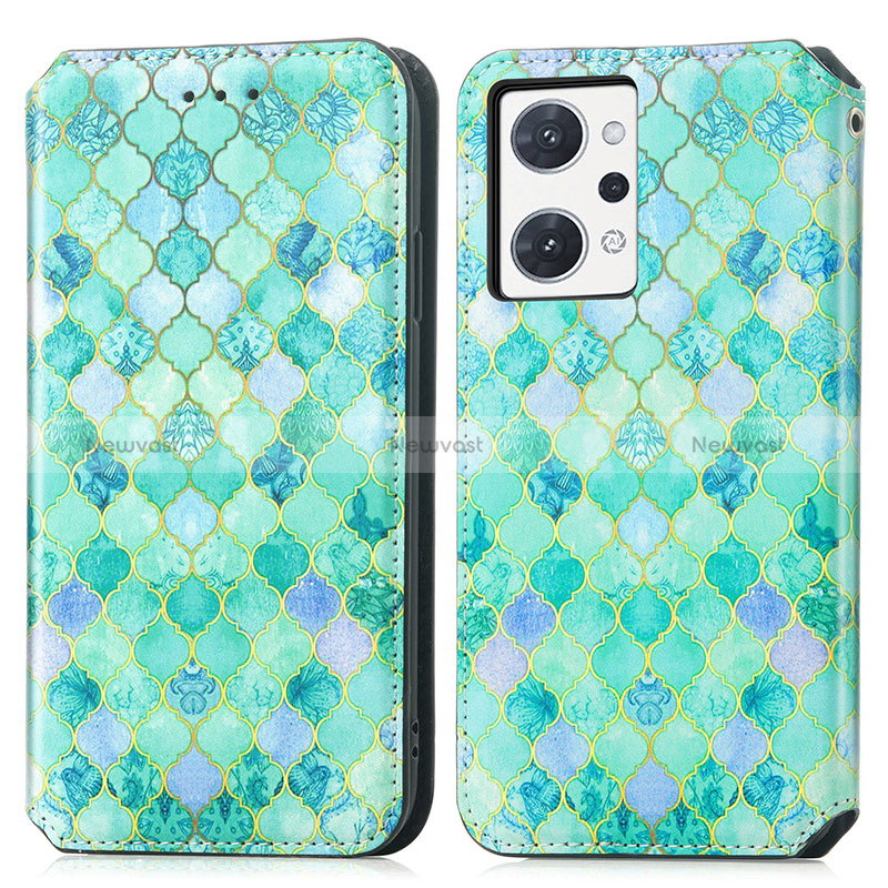 Leather Case Stands Fashionable Pattern Flip Cover Holder S02D for Oppo Reno7 A Green