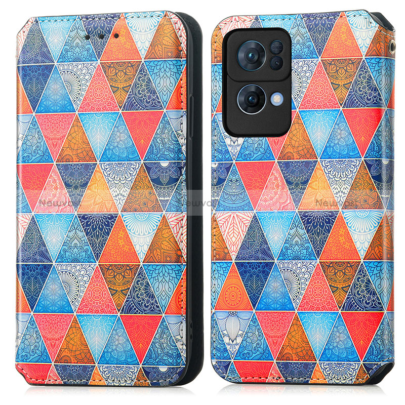 Leather Case Stands Fashionable Pattern Flip Cover Holder S02D for Oppo Reno7 Pro 5G Brown