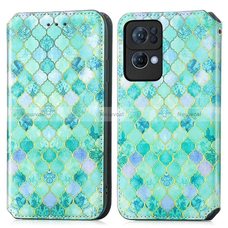 Leather Case Stands Fashionable Pattern Flip Cover Holder S02D for Oppo Reno7 Pro 5G Green