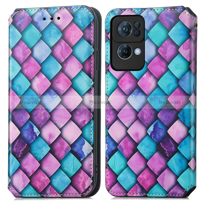 Leather Case Stands Fashionable Pattern Flip Cover Holder S02D for Oppo Reno7 Pro 5G Purple